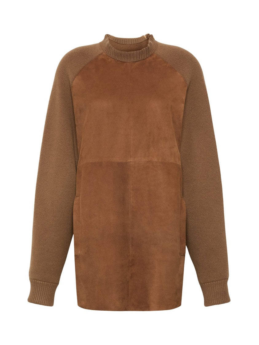 Max Mara Short Knit Dress With Suede Insert And Ribbed Collar
