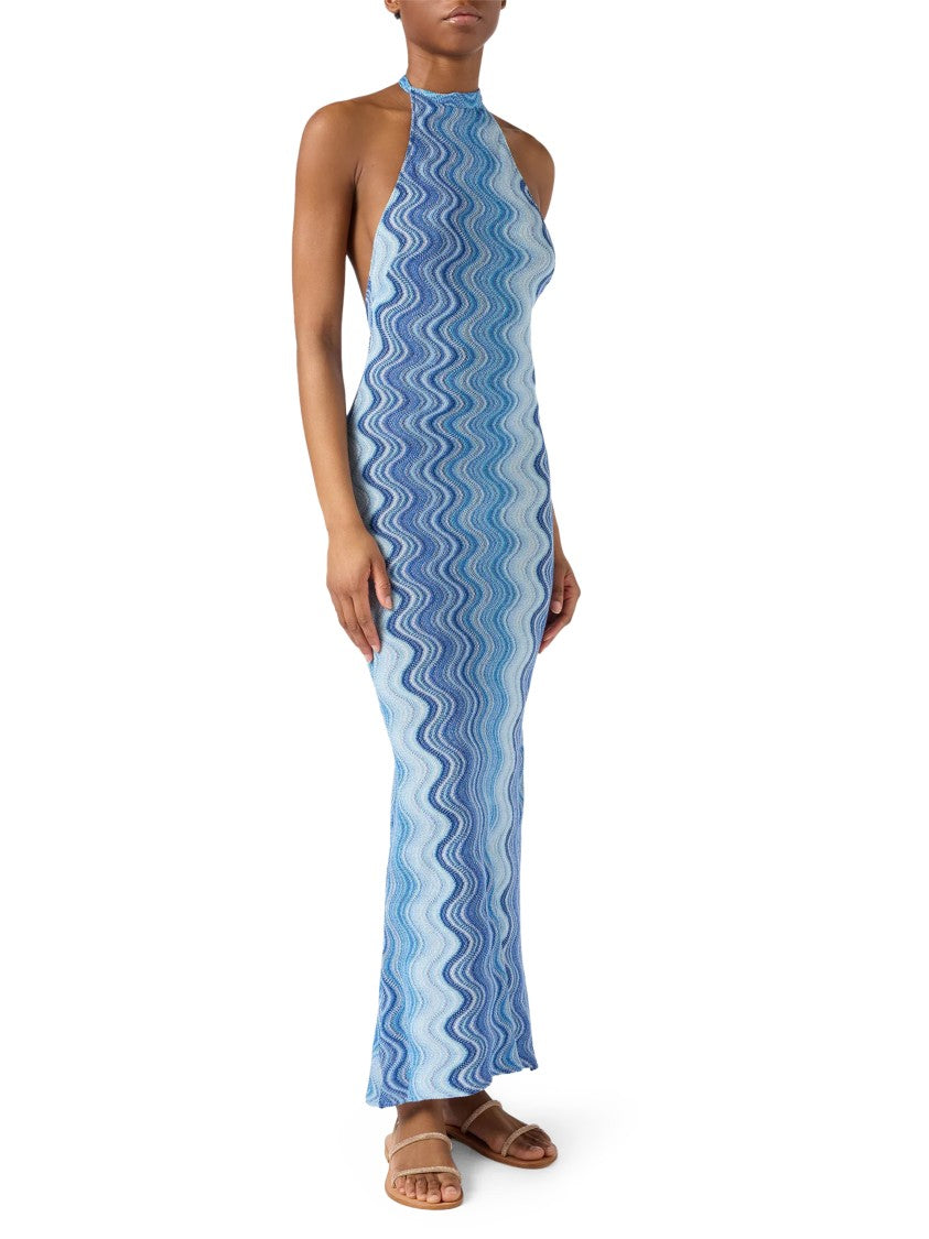 Mc2 Saint Barth Halter Neck Maxi Dress With Wavy Abstract Pattern