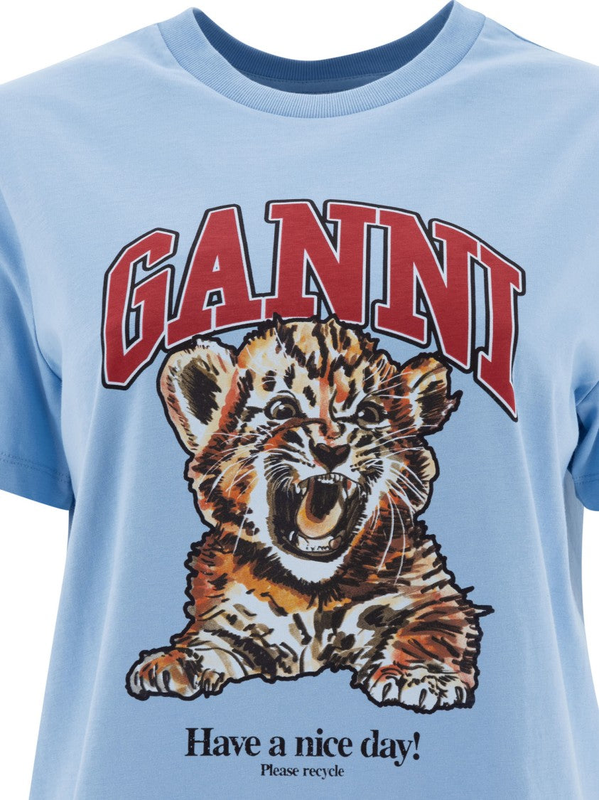 Ganni Relaxed-Fit Graphic Print T-Shirt With Ribbed Crew Neck