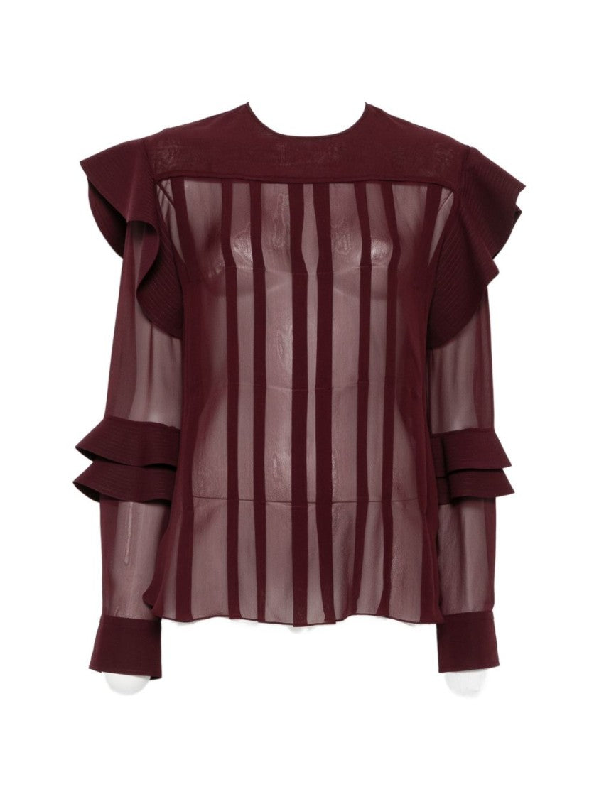 Lanvin Burgundy Sheer Ruffled Silk-Nylon Blouse
