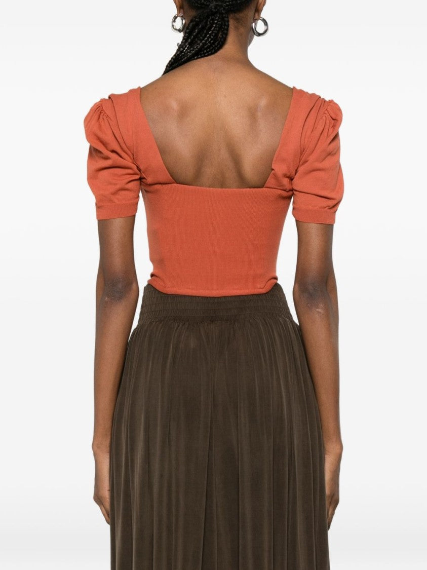 Vivienne Westwood Orange Off-Shoulder Draped Button Sweater
