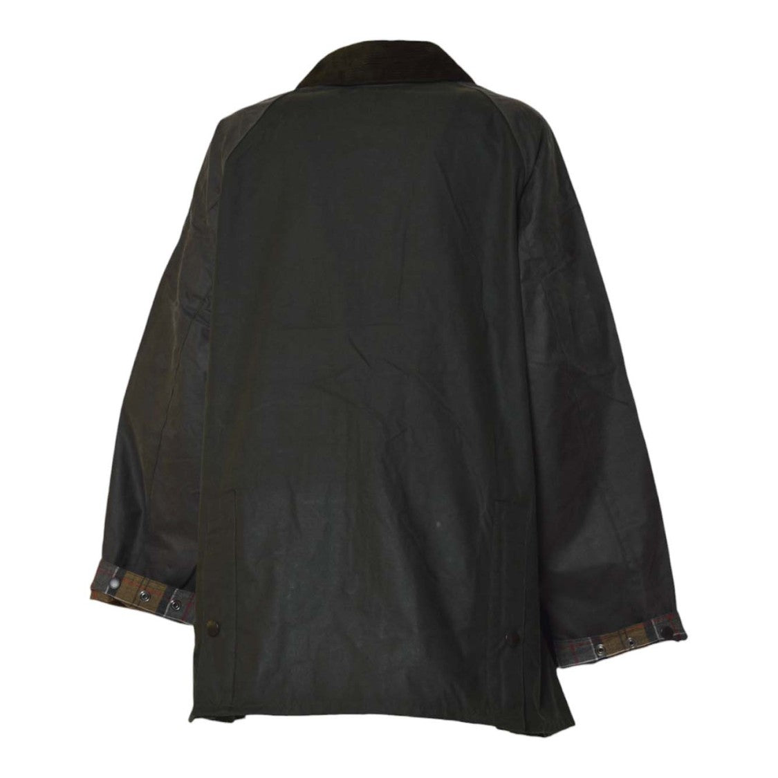 Barbour Dark Green Waxed Coat With Corduroy Collar And Plaid Lining