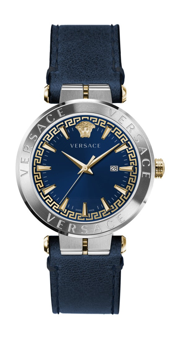 Versace Men's 44Mm Analog Timepiece With Blue Dial And Calf Leather Strap