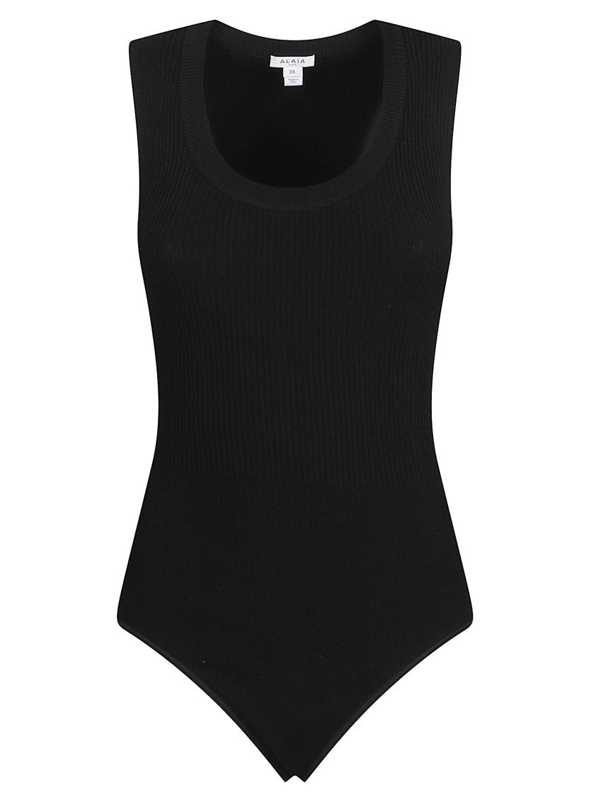 Alaïa Fitted Ribbed Knit Bodysuit With Wide Scoop Neckline