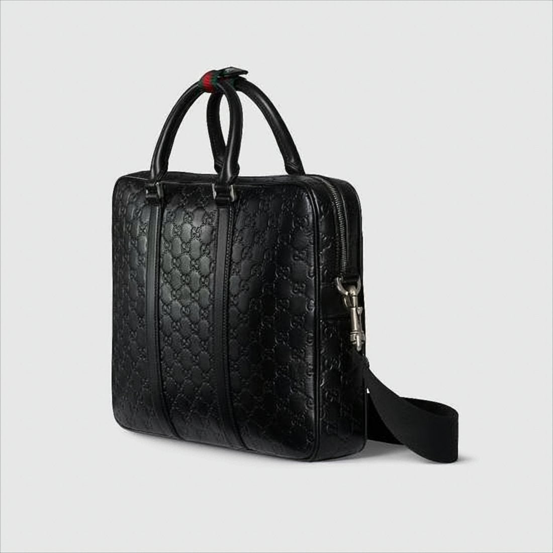 Gucci Embossed Black Leather Tote Bag With Signature Detail
