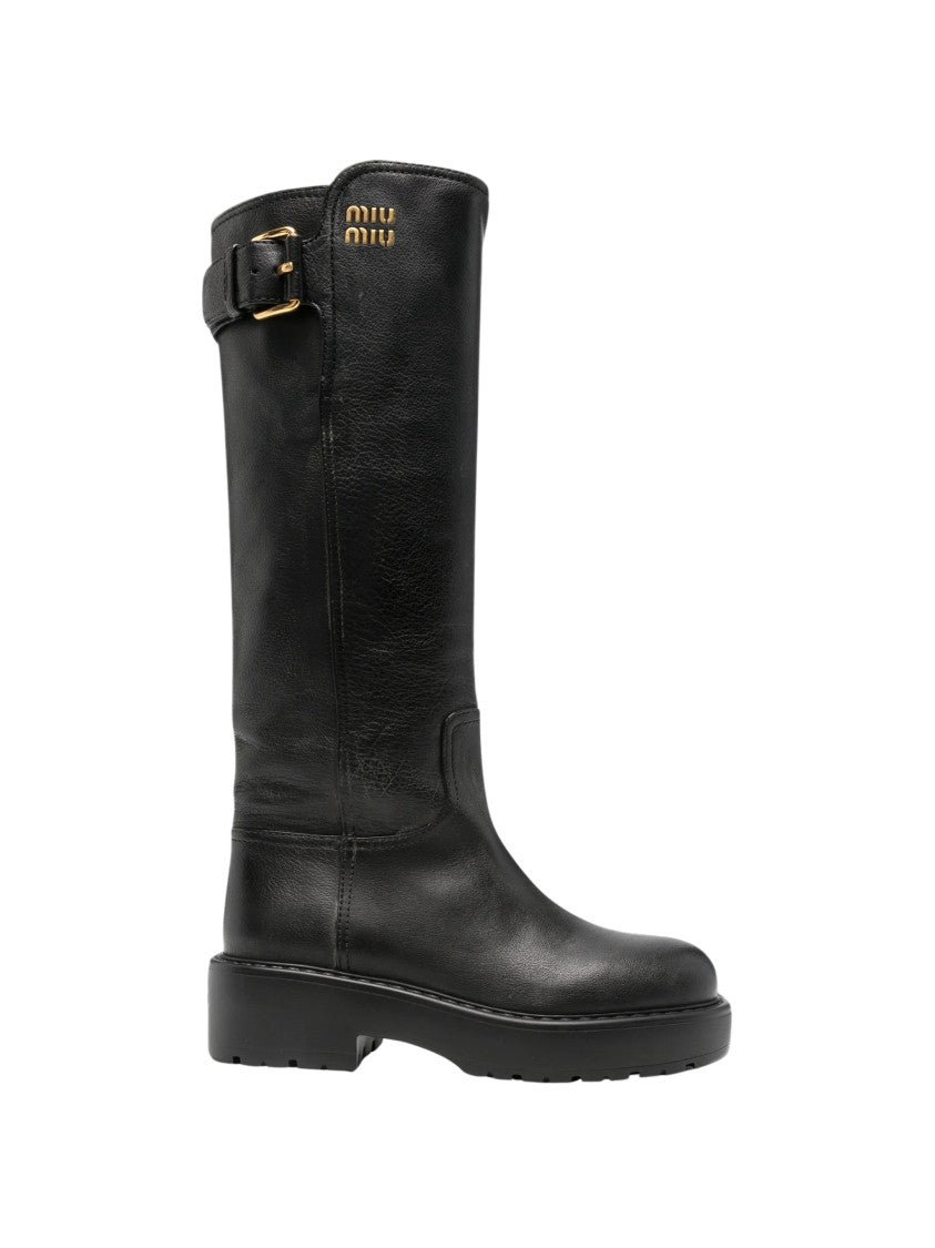 Miu Miu Gold Strap Black Leather Mid-Calf Boots