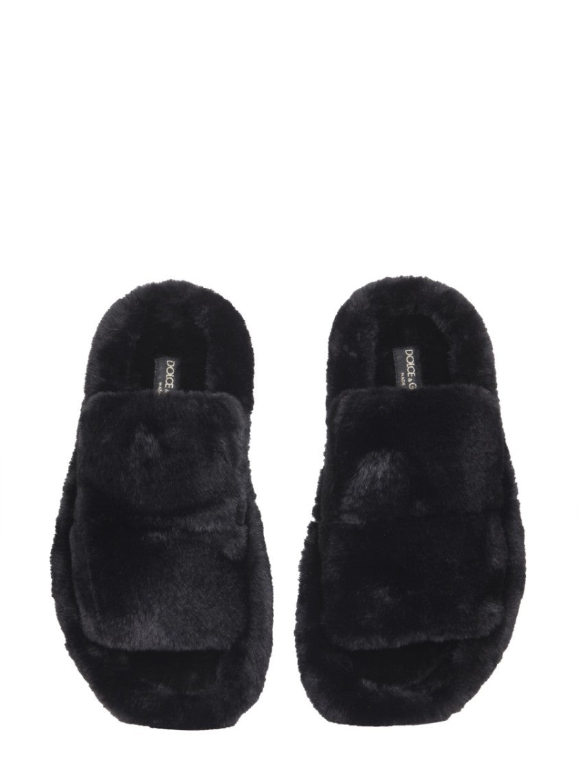 Dolce & Gabbana Faux Fur Footbed Slip-On Sandals
