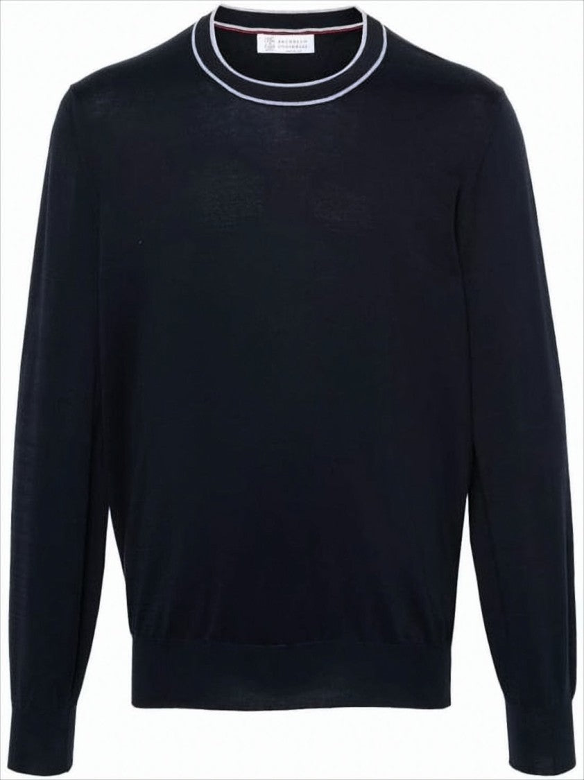 Brunello Cucinelli Black Cotton Sweater With Contrasting Trim