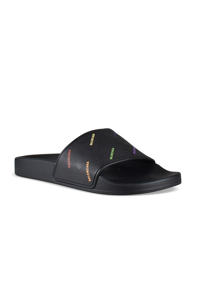 Balenciaga Open-Toe Black Rubber Slides With Multicolored Logo