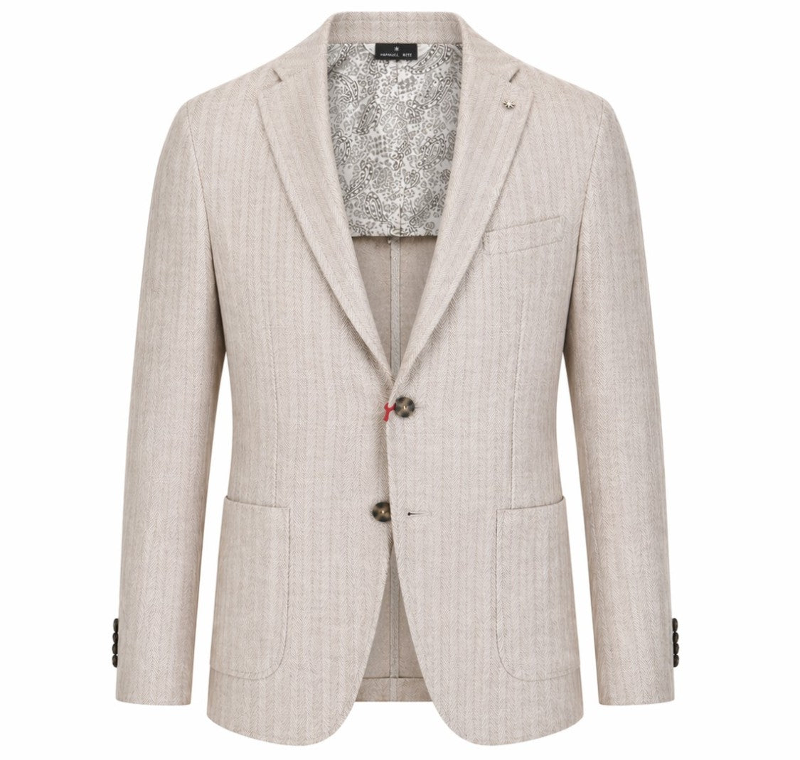 Manuel Ritz Beige Herringbone Half Lined Linen Blazer
