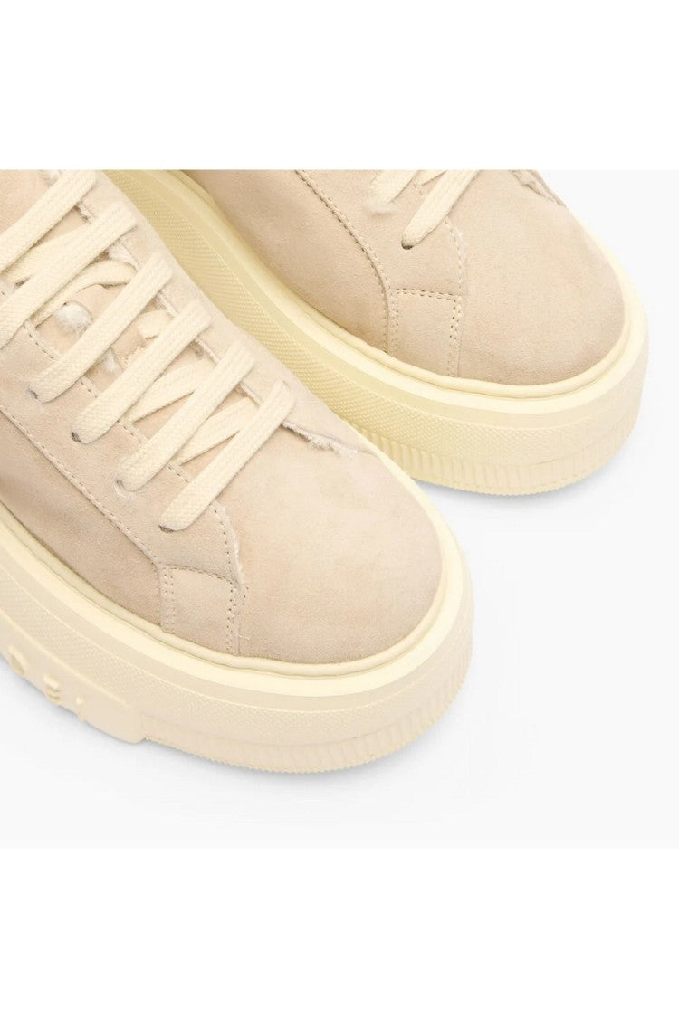 Casadei Beige Suede Shearling-Trim Platform Sneakers