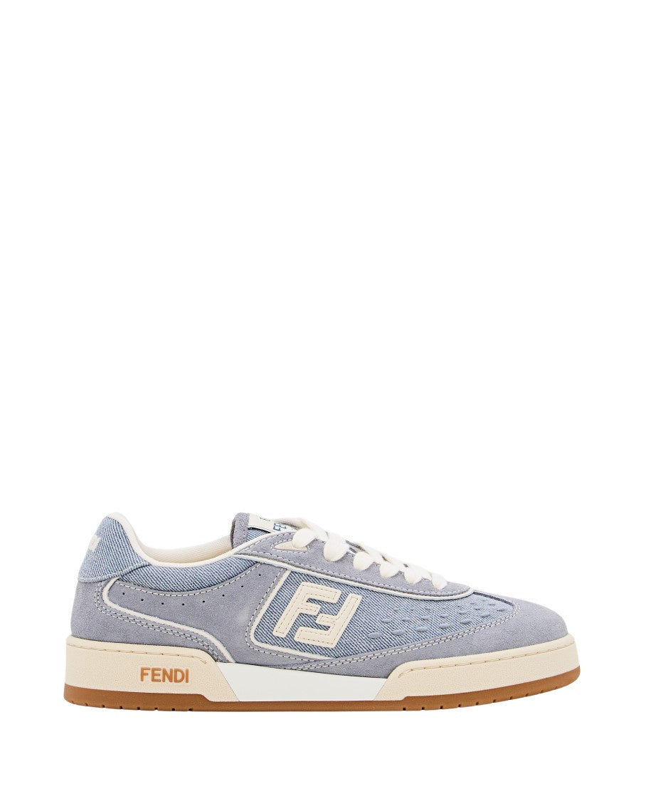 Fendi Denim And Leather Trainers With Embossed Logo