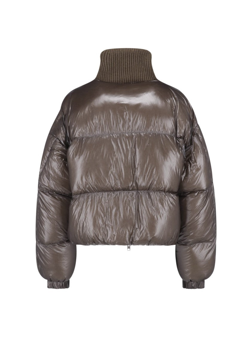 Diesel Cropped Brown Puffer Jacket With Ribbed Knit Collar And Embroidered Detail