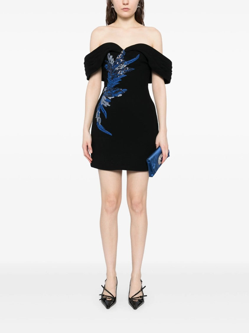 Saiid Kobeisy Jet Black Off-Shoulder Short Dress With Spectrum Embellishments