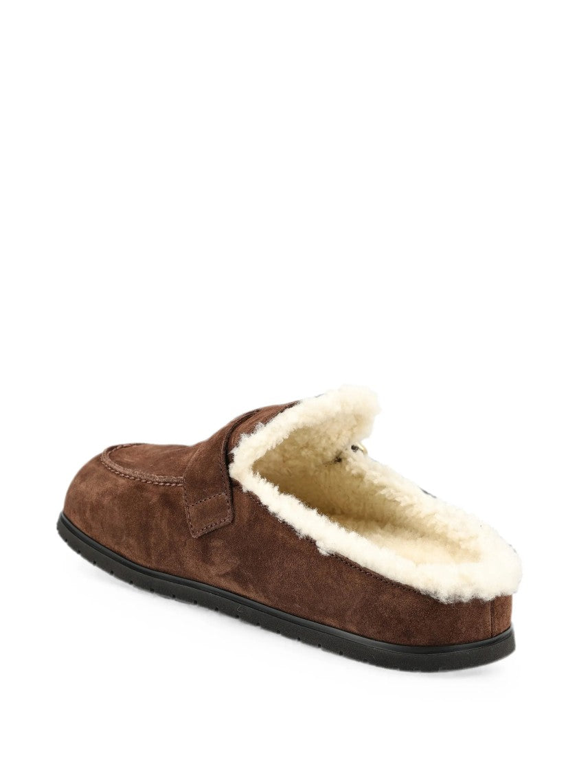 Prada Brown Suede Slip-On Flats With Plush Lining And Decorative Buckle
