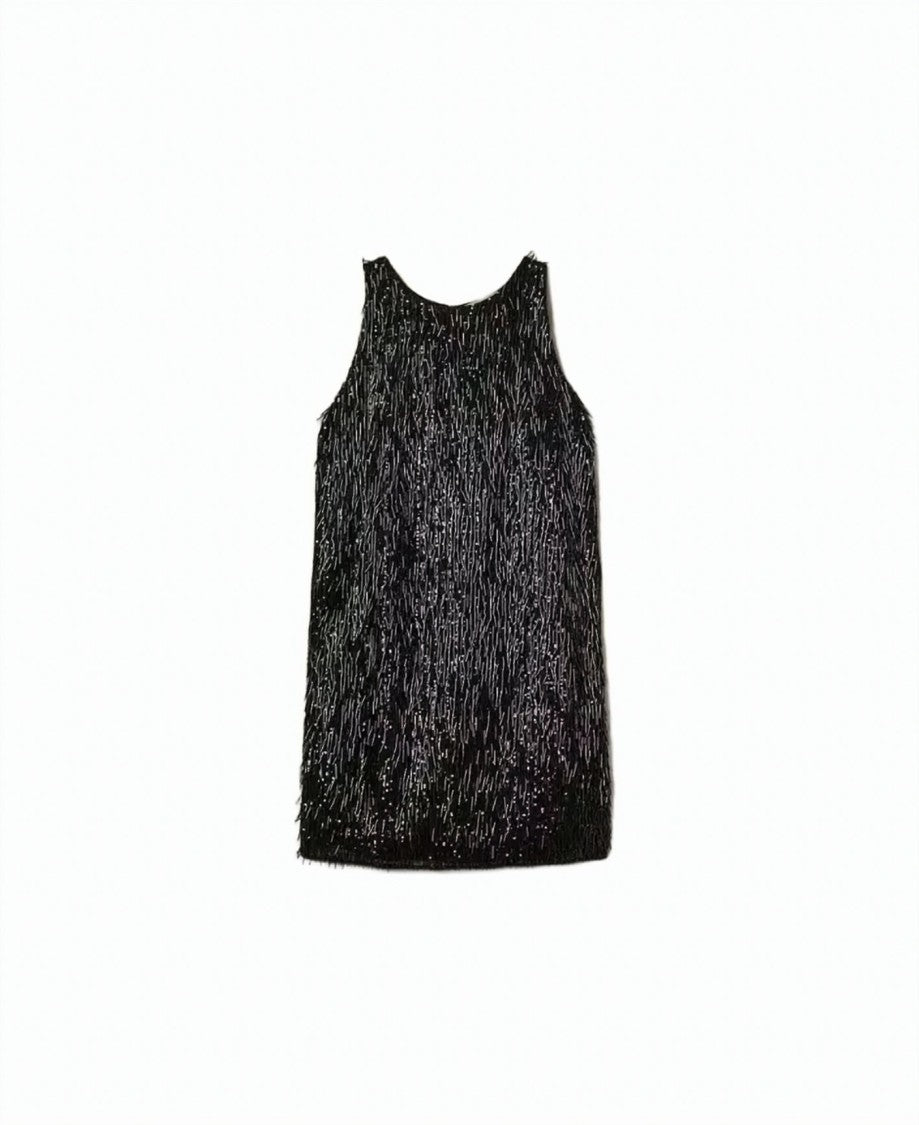 Twin-Set Sequin Fringed Georgette-Back Sleeveless Mini Dress