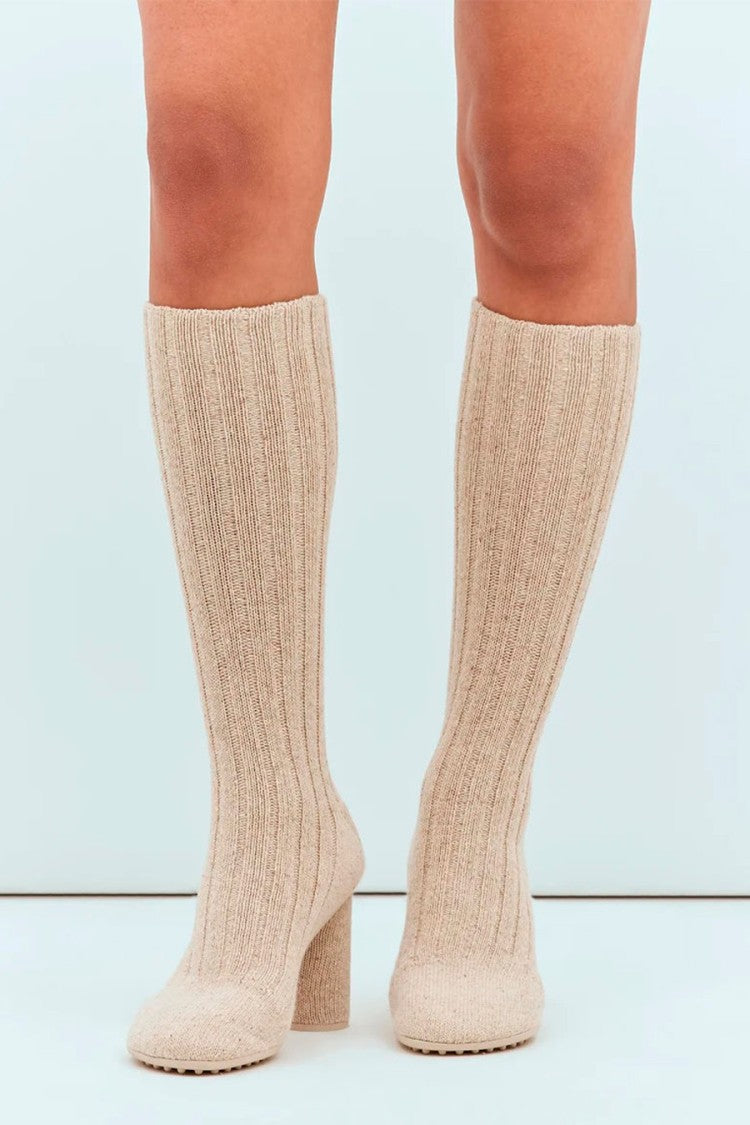 Bottega Veneta Beige Ribbed-Knit Knee-High Wool-Blend Boots