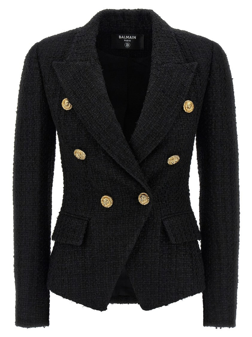 Balmain Double-Breasted Tweed Blazer With Metal Closure And Asymmetric Hem