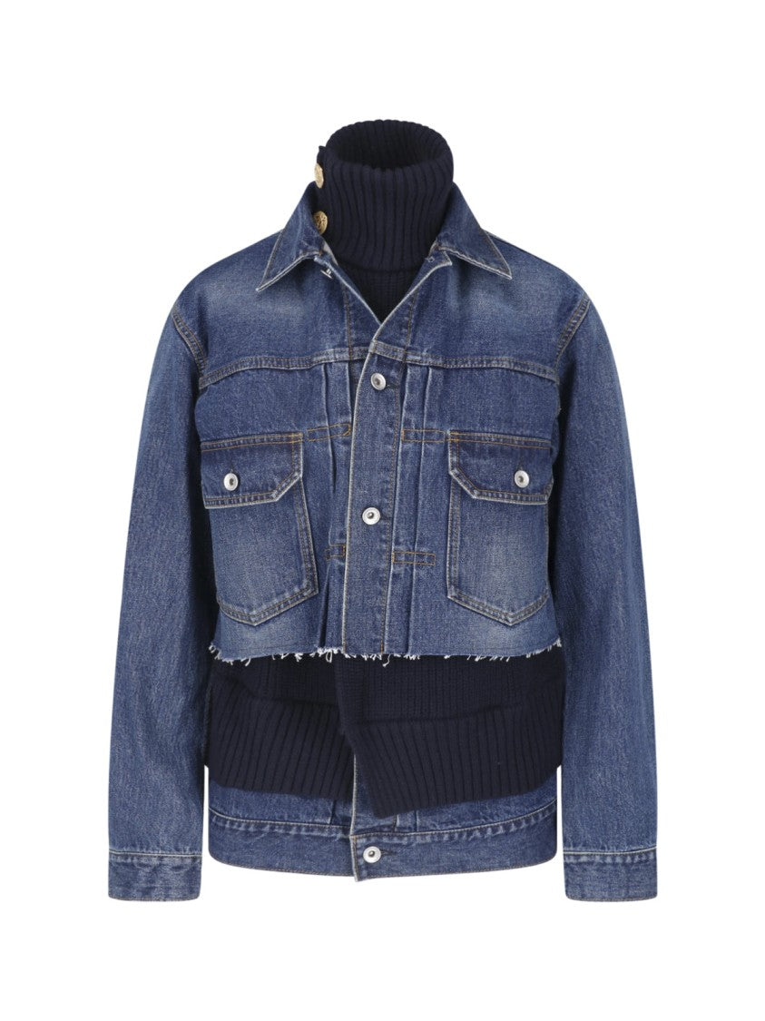 Sacai Blue Cotton-Wool Deconstructed High Neck Denim Jacket