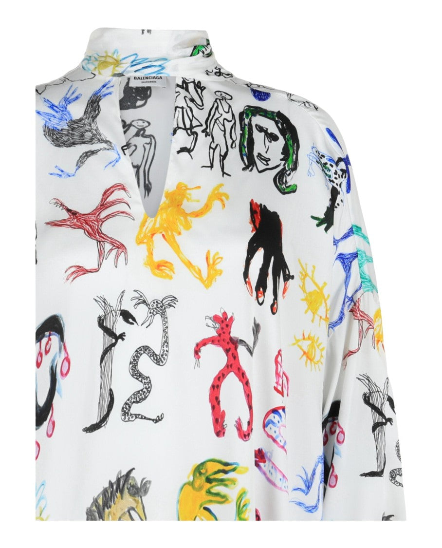Balenciaga Artist Doodle Fluid Satin Blouse