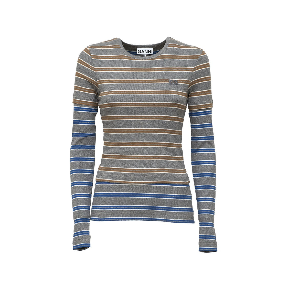 Ganni Soft Cotton Rib Double-Layer Long Sleeve Top