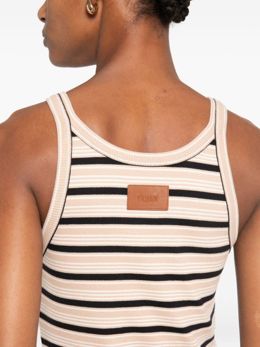 Fendi Ribbed Horizontal Stripes Leather Detail Tank Top