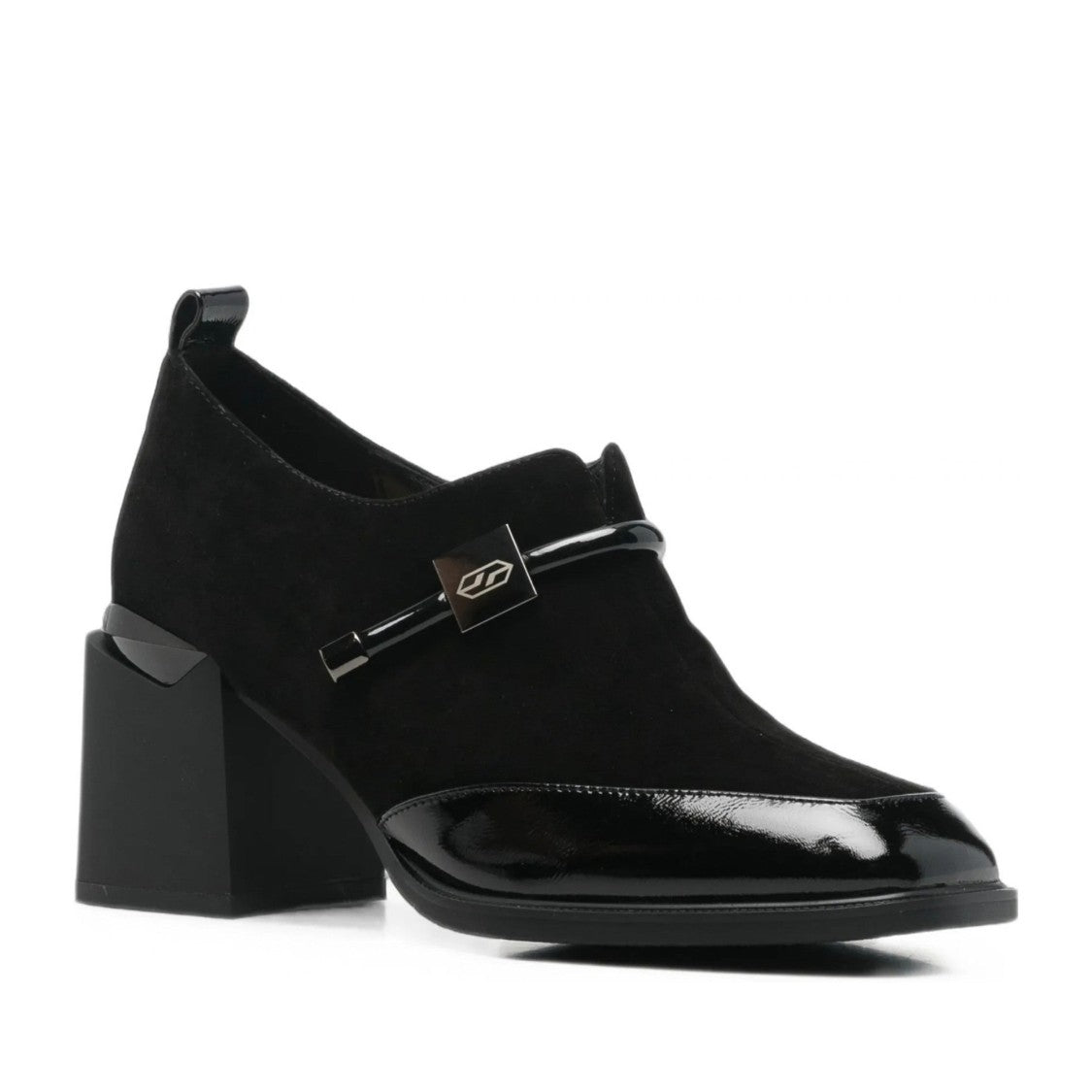 Linda Baumann Black Mid-Height Block Heel Glossy Accent Suede Dress Pumps