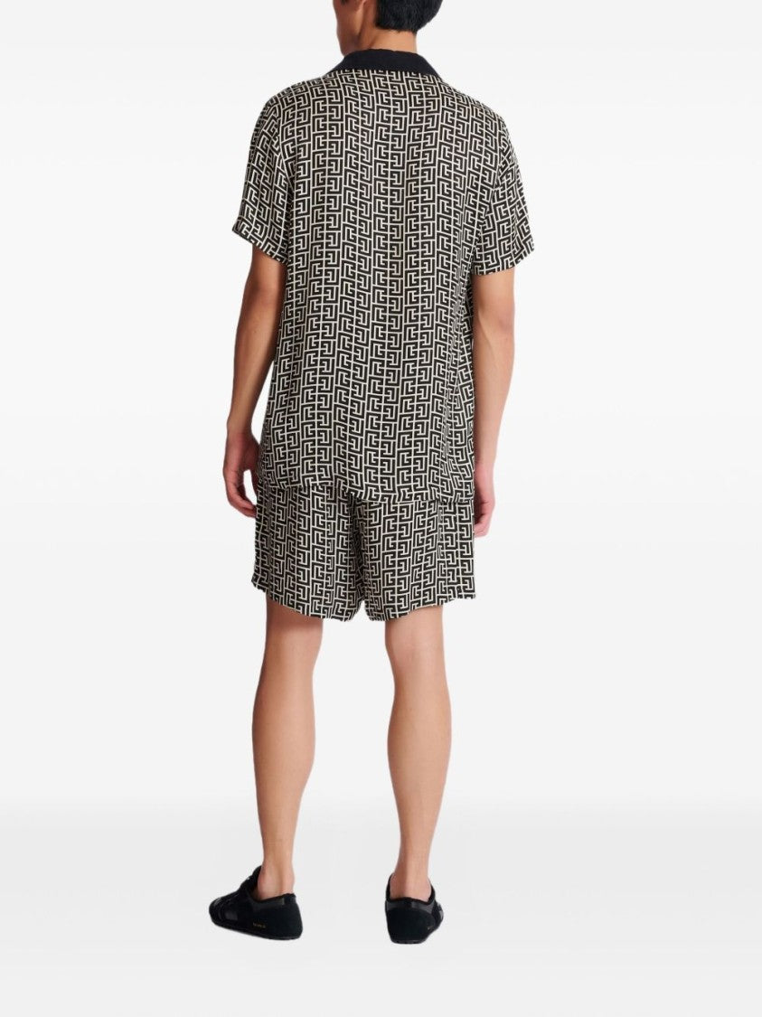 Balmain Black Monogram Button Short Sleeve Shirt