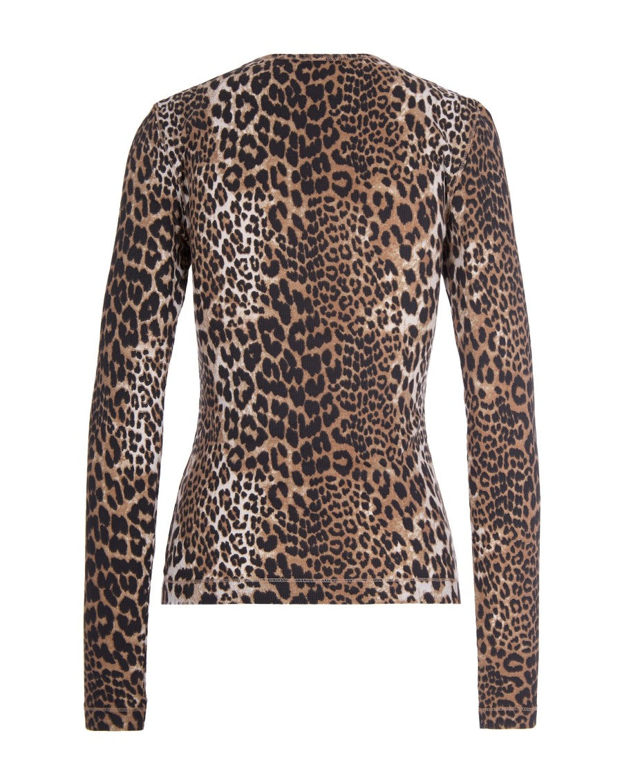 Ganni Rib Long Sleeve Leopard