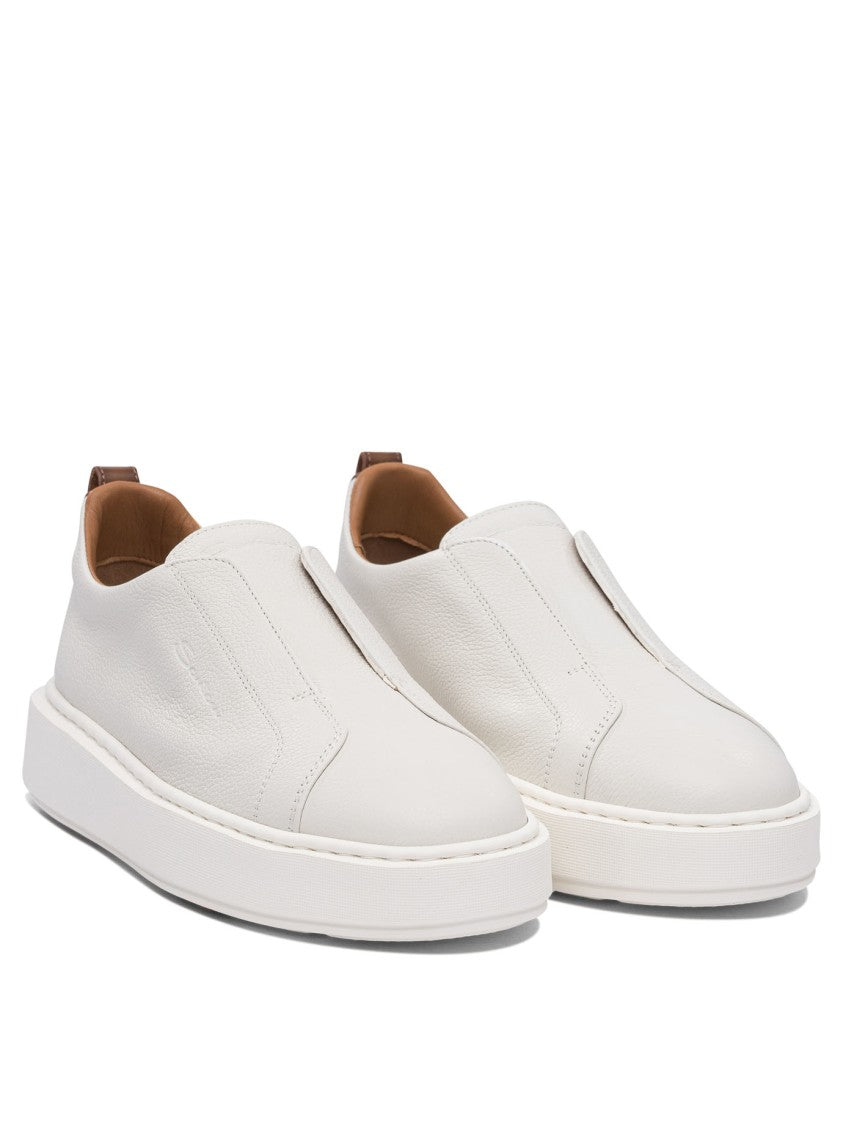 Santoni White Leather Slip-On Sneakers