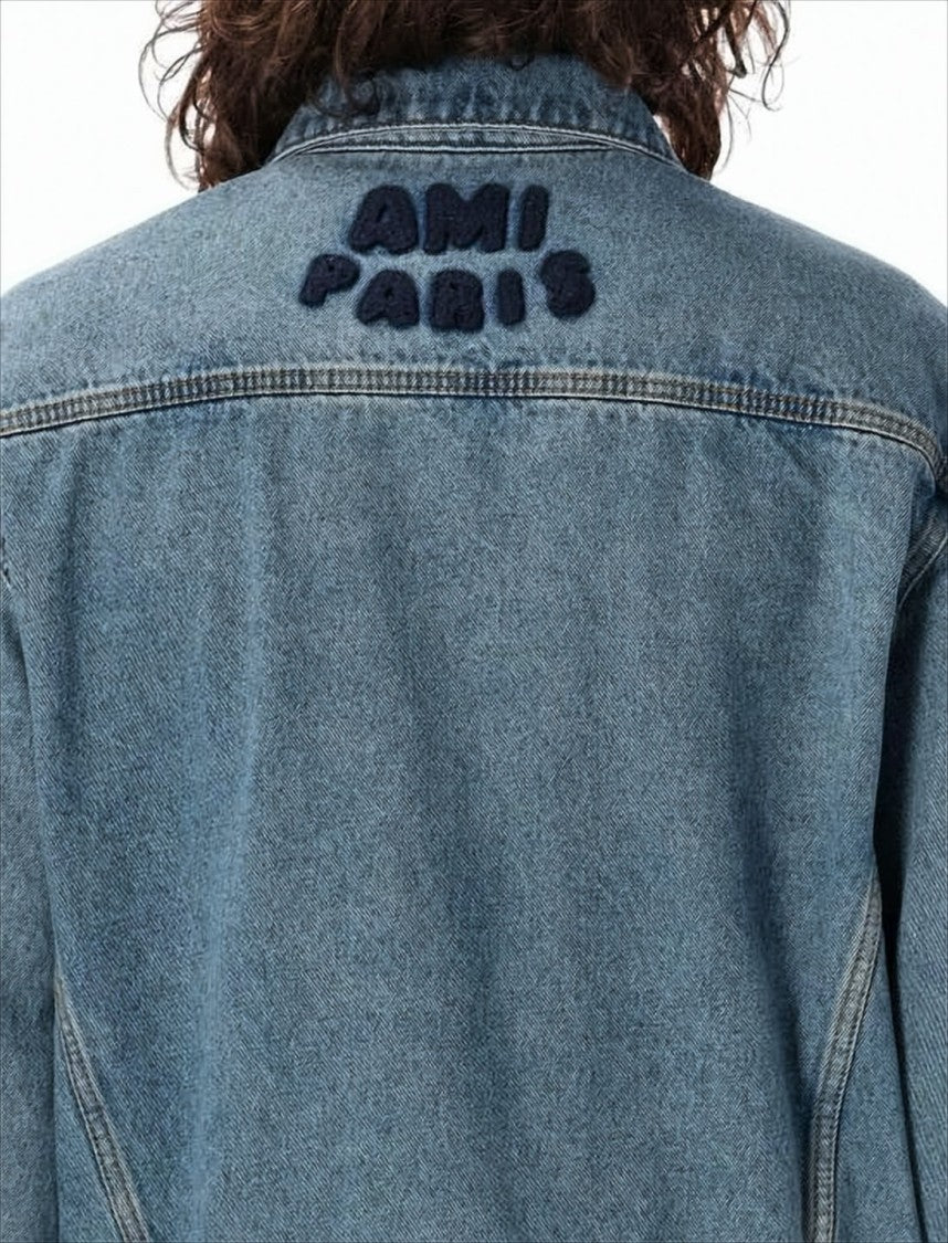 Ami Paris Medium Blue Denim Jacket With Embroidered Details