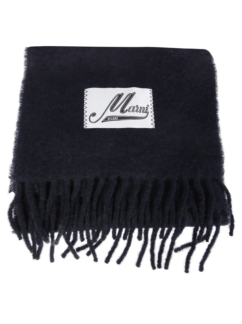 Marni Fringed Black Scarf With Textured Patch