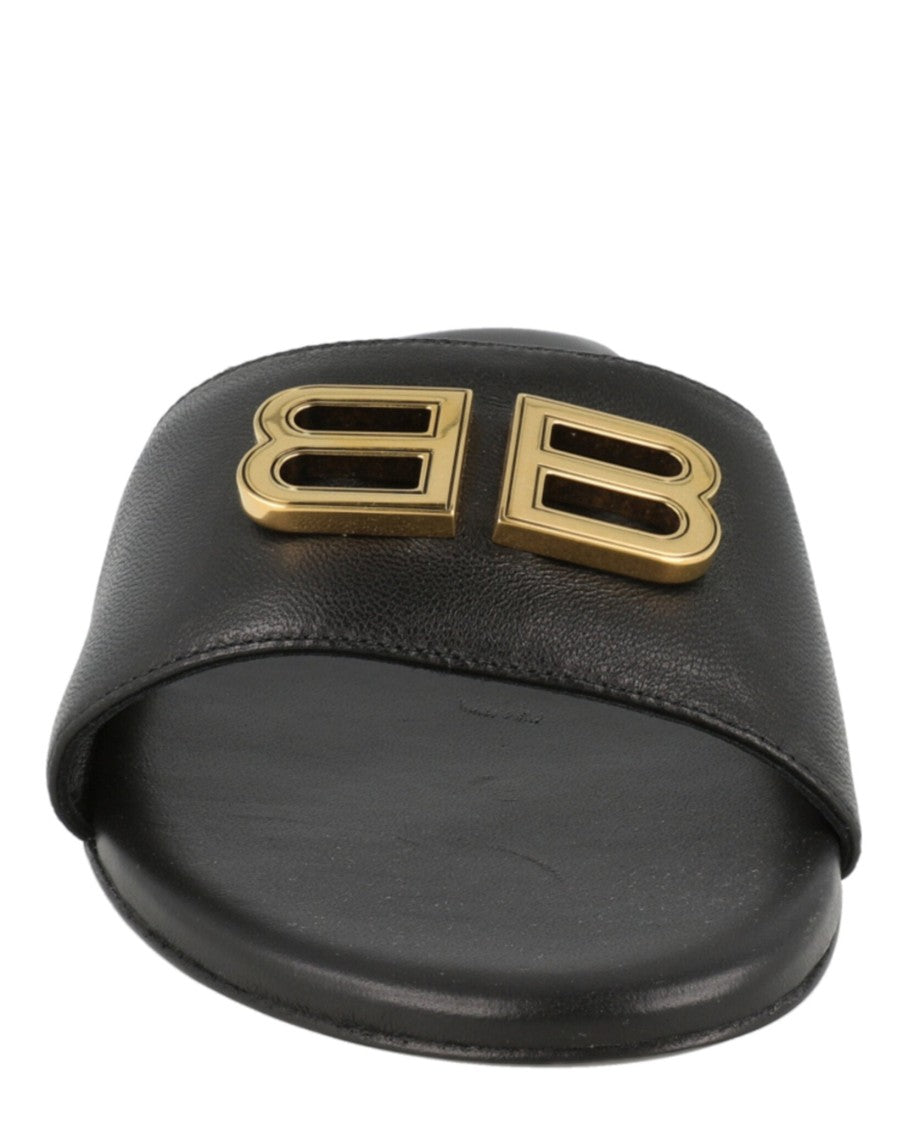 Balenciaga Slide-On Black Sandals With Gold-Tone Double Bb Logo