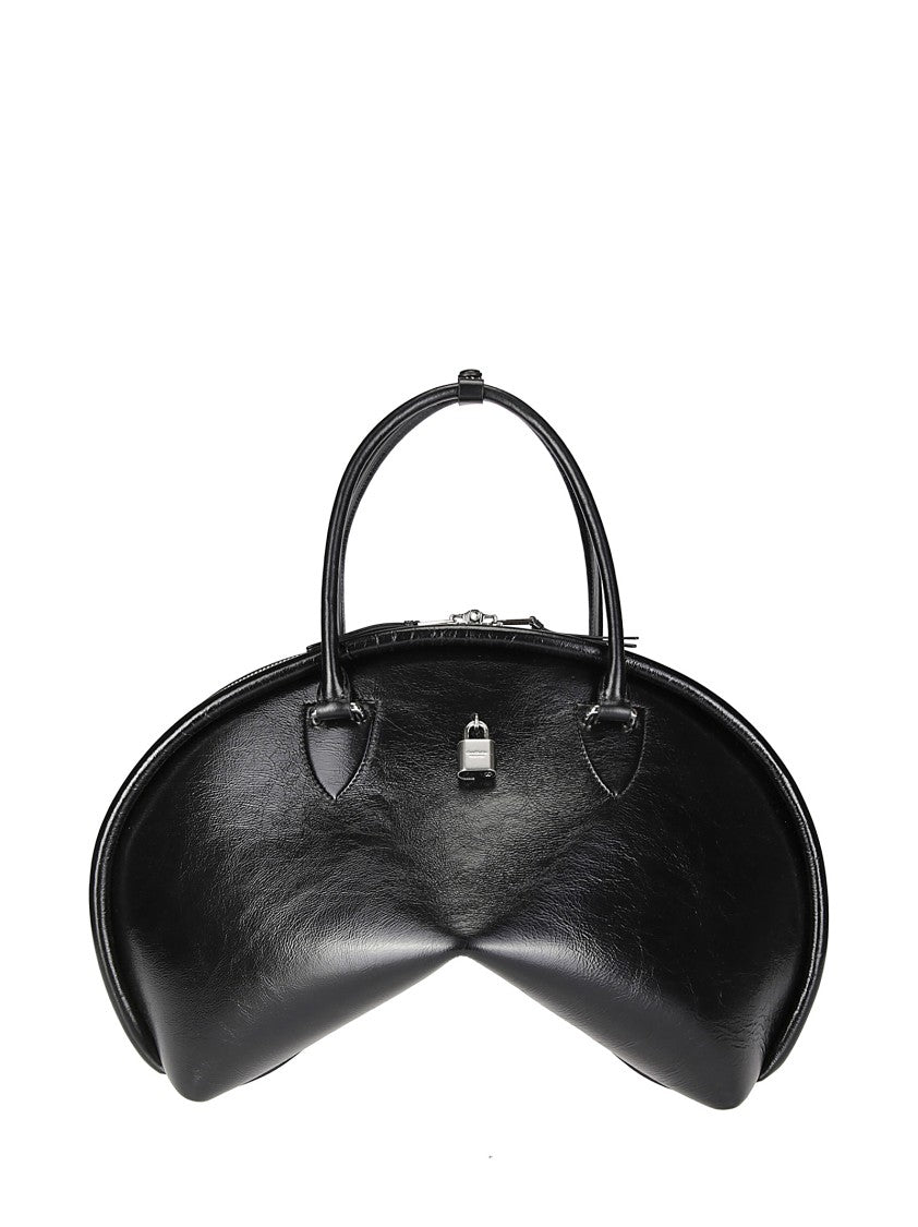 Acne Studios Curved Black Leather Handbag With Metal Plaque