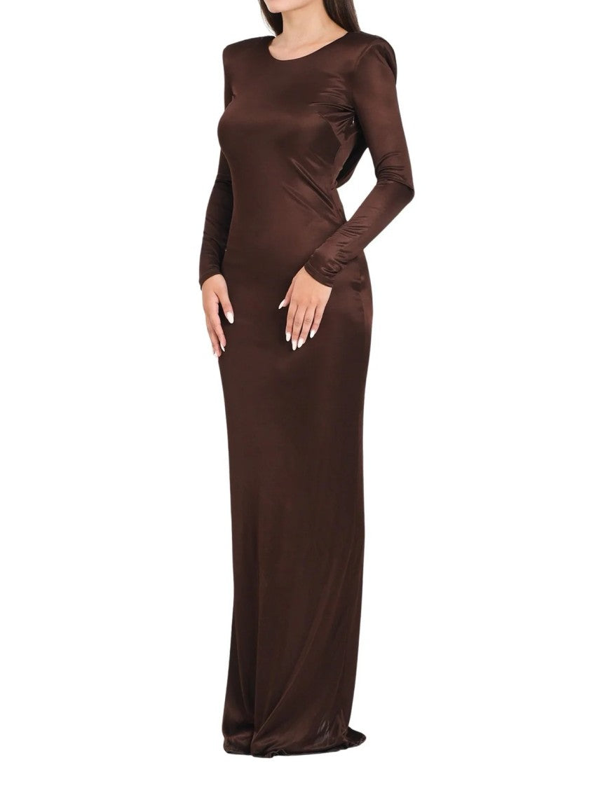 Red Carpet E. Franchi Fluid Brown Long Dress With Draped Back Detail