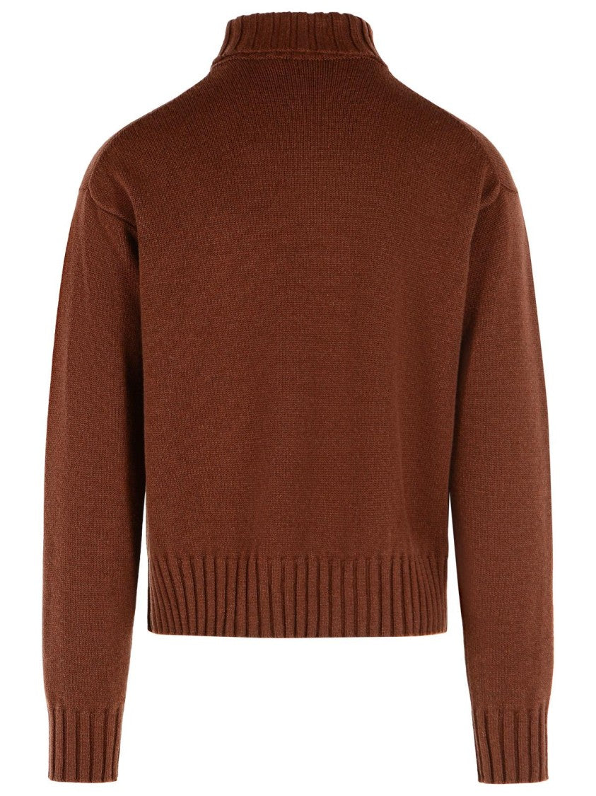 Costumein Brown Cashmere Turtleneck Sweater With Ribbed Details