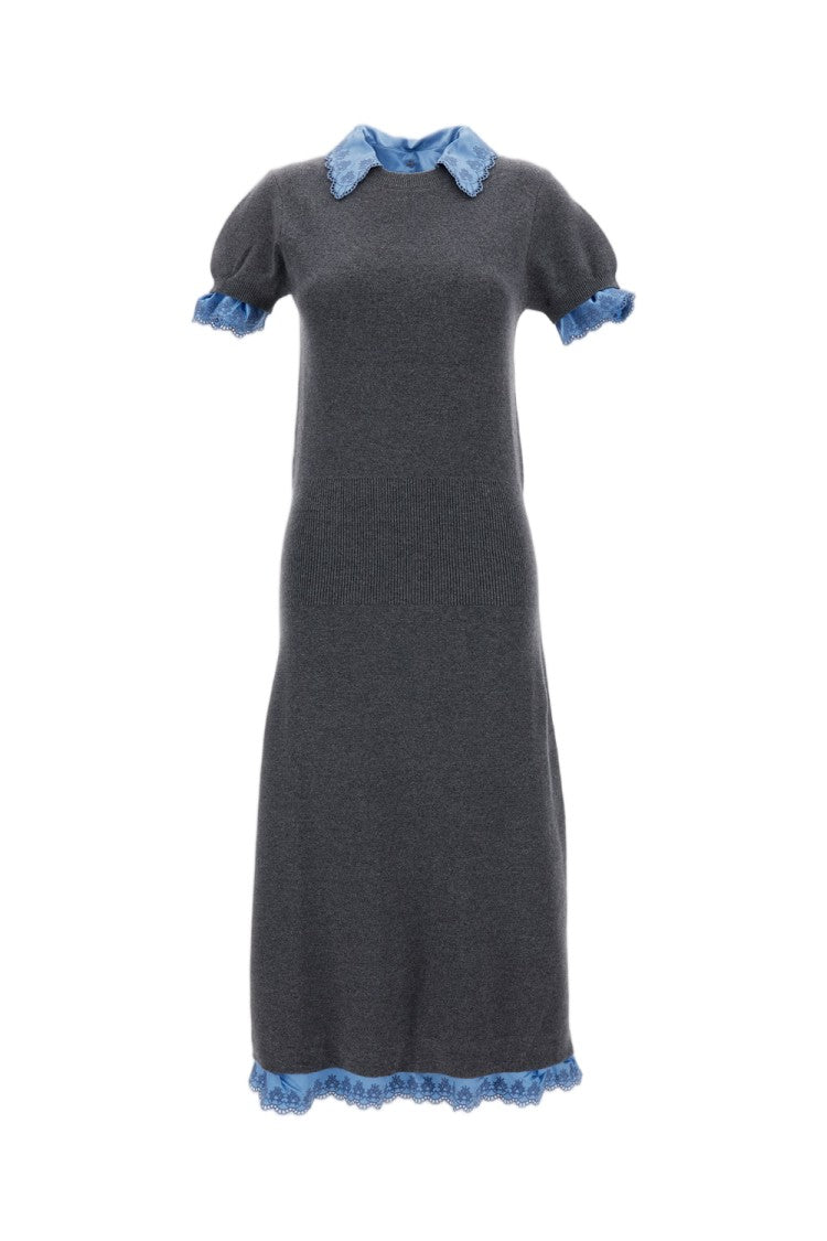 Rabanne Grey/Light Blue Embroidered Satin Wool-Cashmere Midi Dress