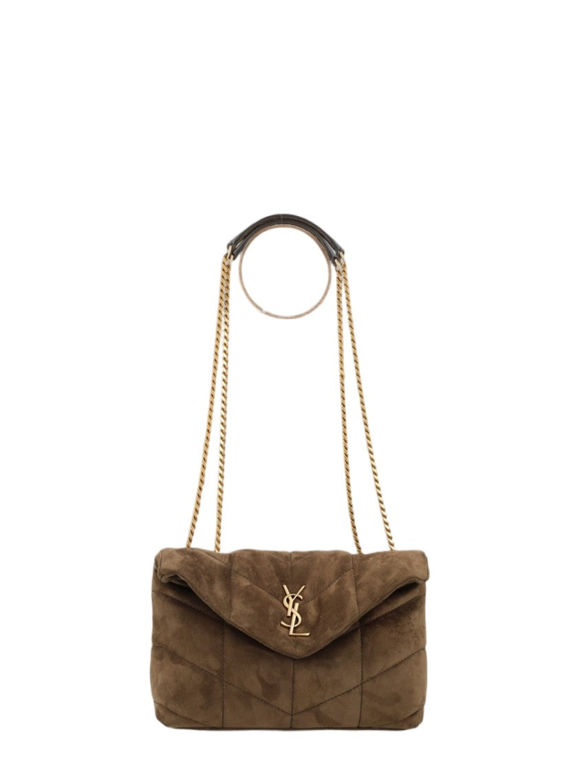 Saint Laurent Quilted Suede Shoulder Bag With Gold-Tone Chain Strap