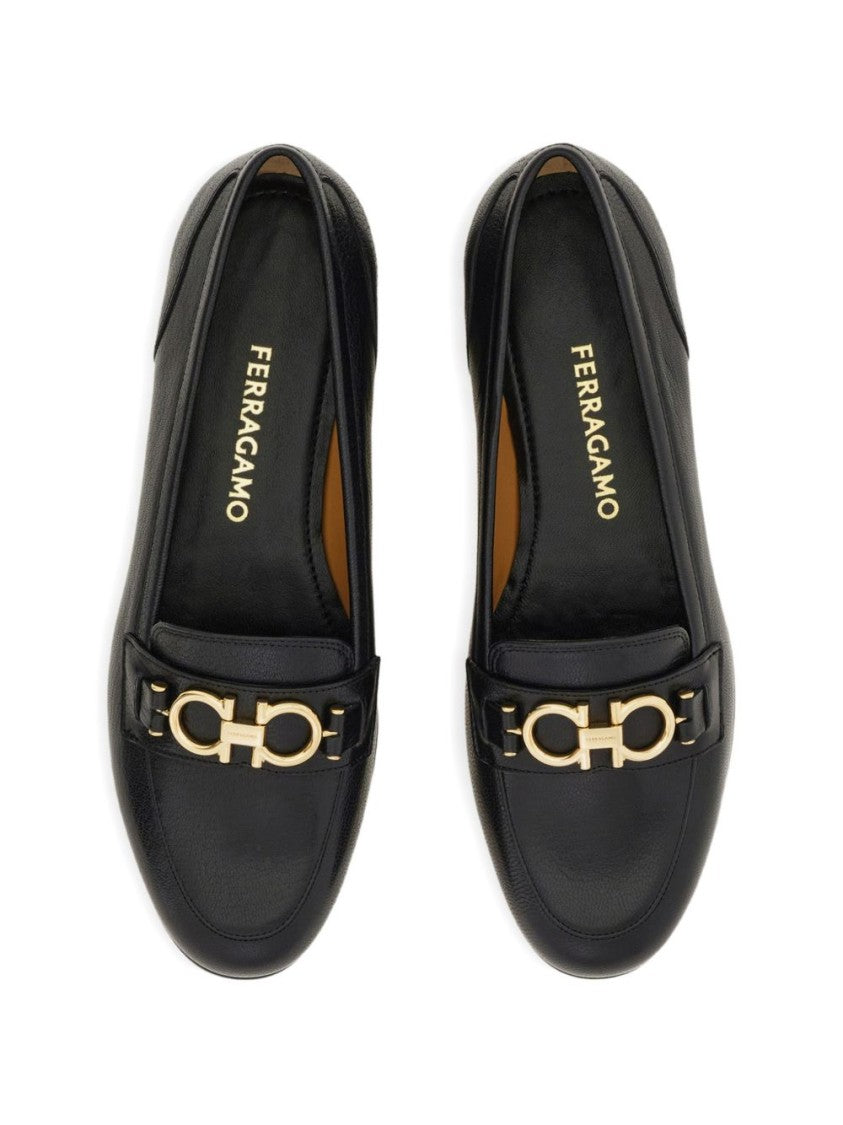 Ferragamo Black Gancini Ornament Smooth Leather Loafers