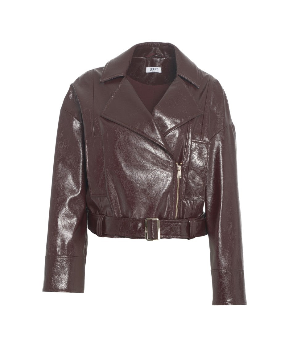 Liu Jo Cropped Biker Jacket In Glossy Faux Leather