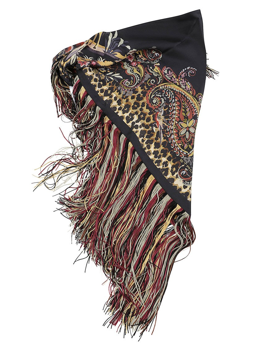 Etro Square Silk Scarf With Rich Paisley And Leopard Print Design