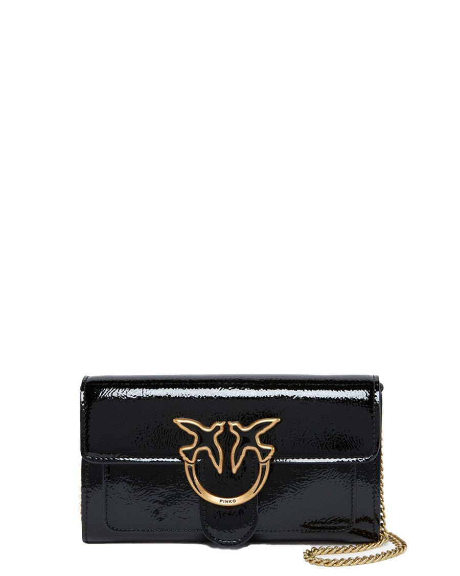 Pinko Glossy Black Shoulder Bag With Gold Emblem