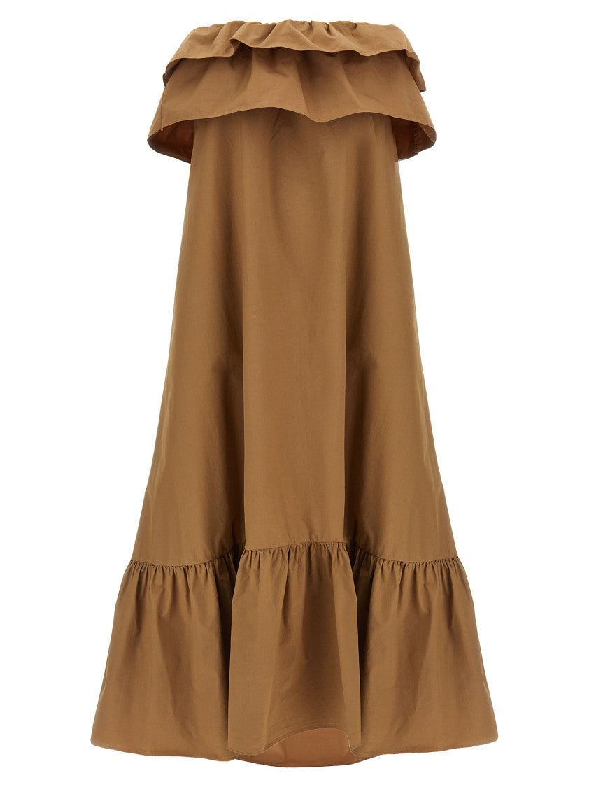 Saint Laurent Off-The-Shoulder Cotton Midi Dress With Flounced Bustier And Asymmetrical Skirt