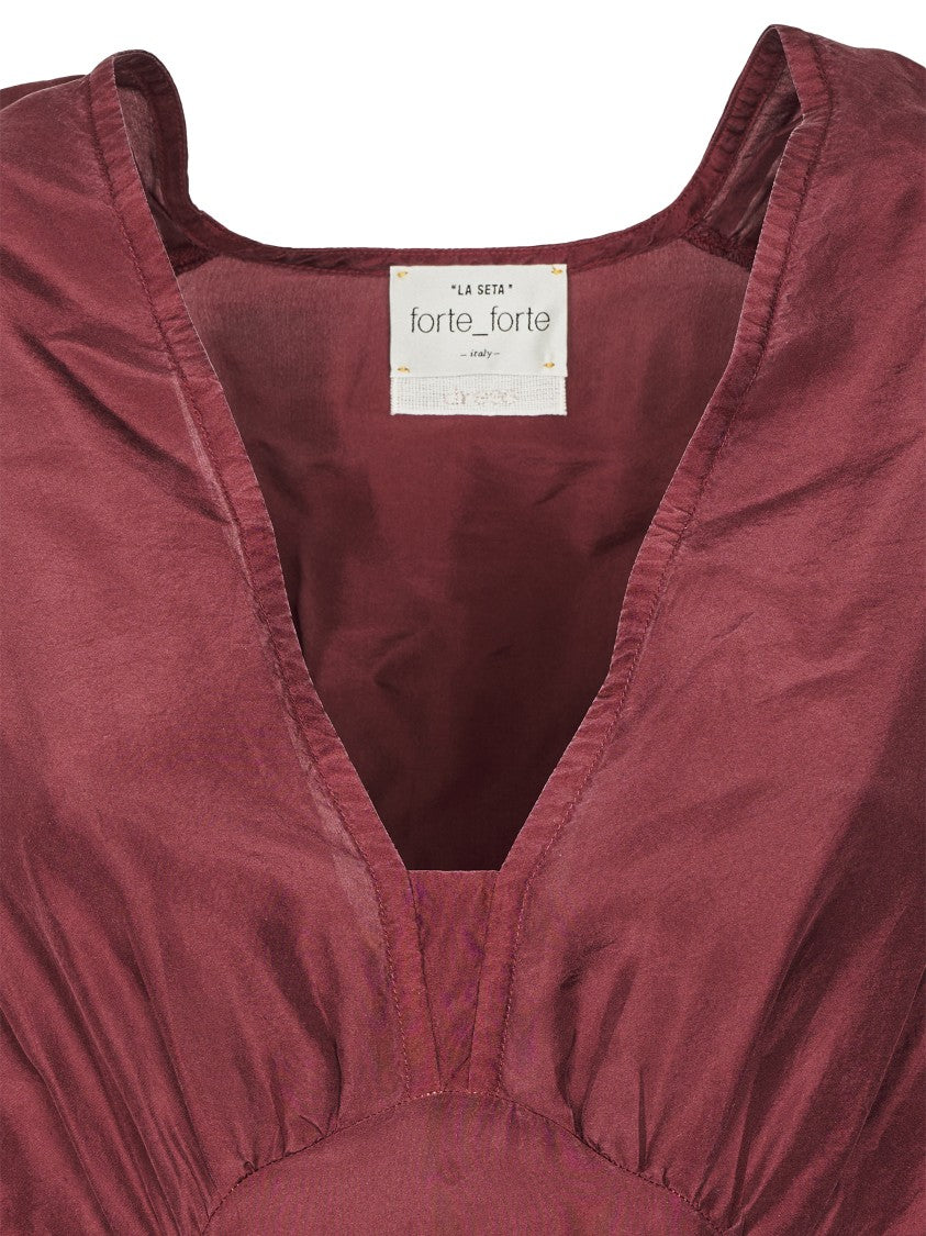 Forte Forte Burgundy Habotai Silk Midi Dress With Puffed Sleeves