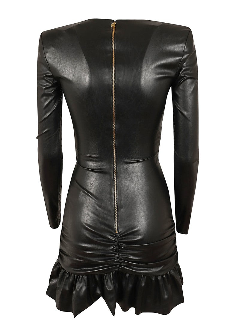 Elisabetta Franchi Structured Draped Ruffled Synthetic Leather Mini Dress