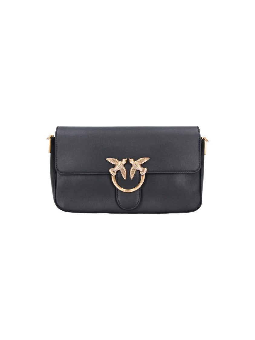 Pinko Black Leather Love Birds Flap Shoulder Bag