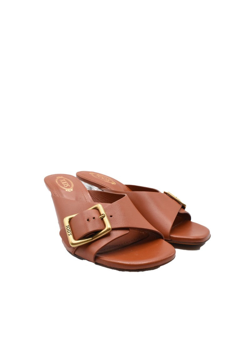 Tod's Brown Buckle Clear Block Heel Leather Sandals