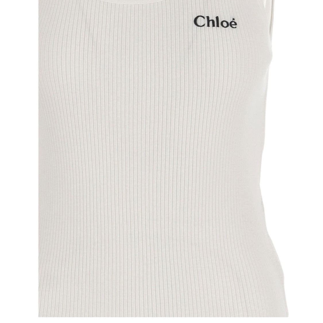 Chloé White Embroidered Logo Ribbed Cotton Tank Top