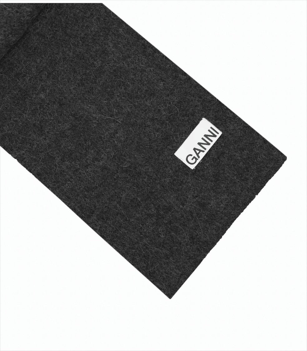 Ganni Rectangular Wool Scarf With Logo Detail