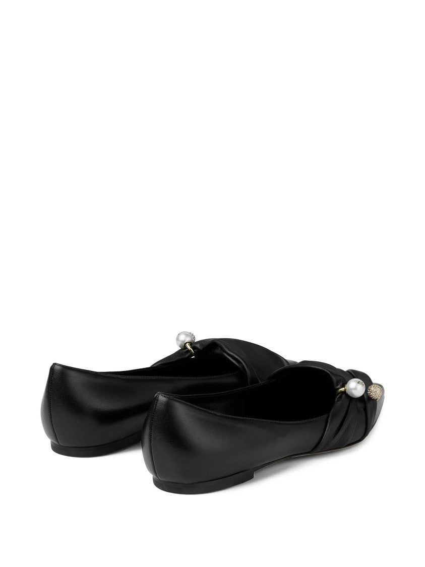 Jimmy Choo Pointed-Toe Nappa Leather Ballerina Flats With Pearl Detail